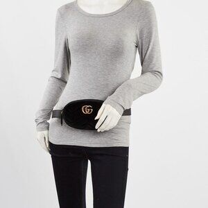 Gucci Black Quilted Velvet GG Marmont Waist Belt Bag Size 95/38